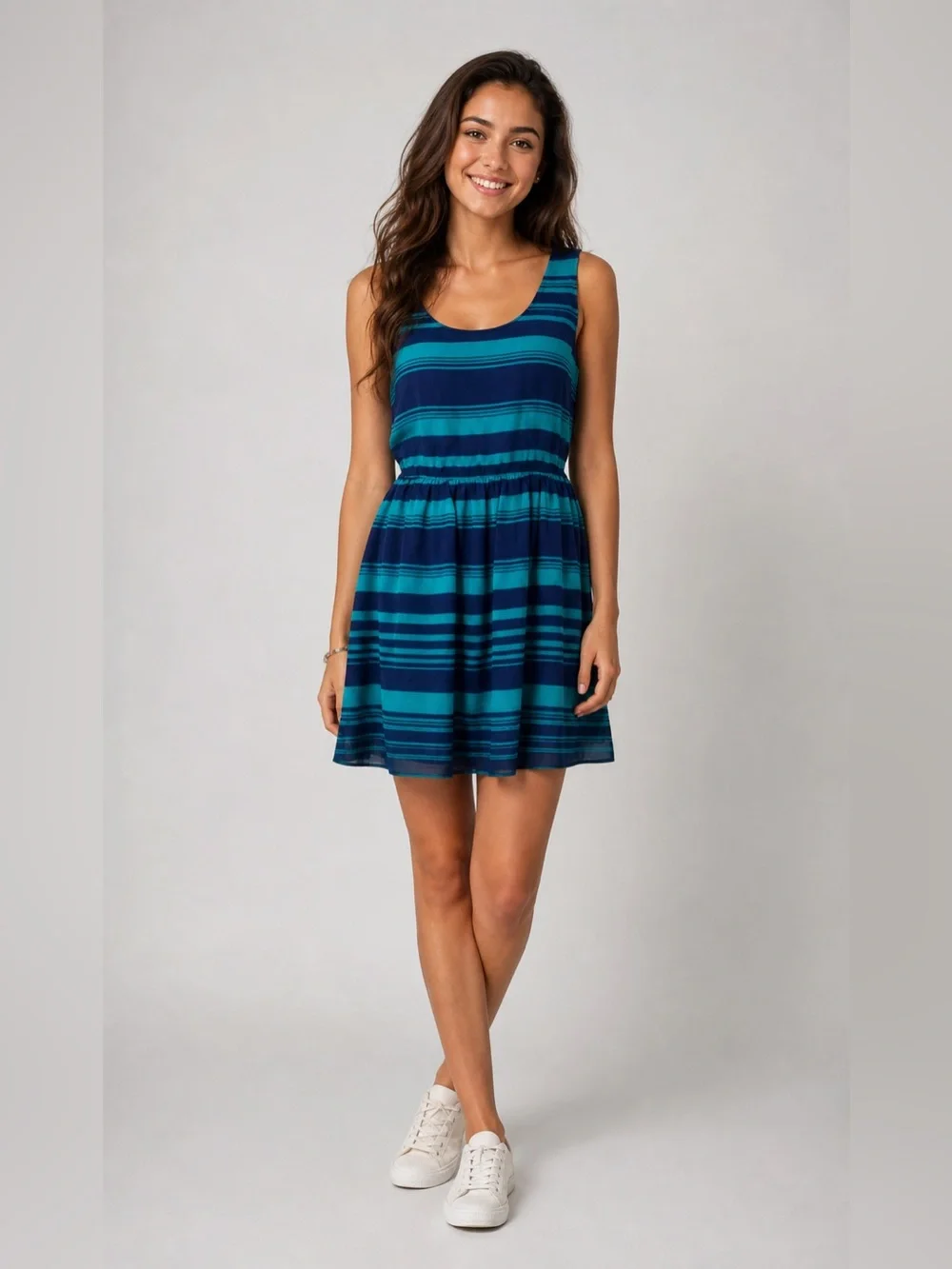 Attention Blue Stripe Hi‎ Low Fit & Flare Tank Dress Sheer Back M